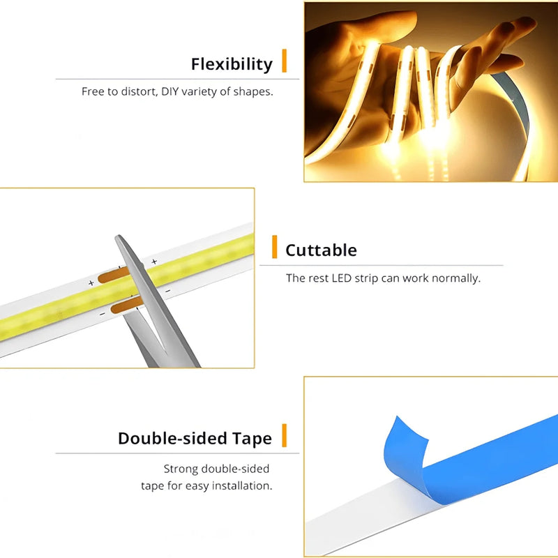 Flexible LED COB Light Strip with Touch Dimmer – USB 5V, High Brightness, Indoor DIY Lighting Decor