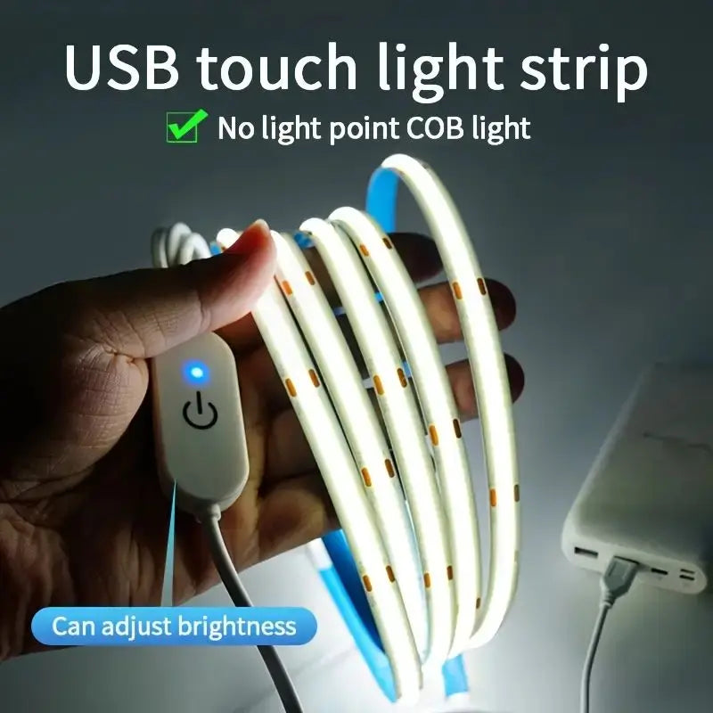 Flexible LED COB Light Strip with Touch Dimmer – USB 5V, High Brightness, Indoor DIY Lighting Decor