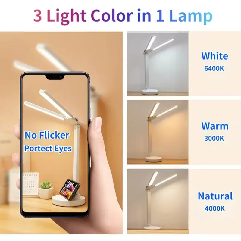 180° Rotatable LED Desk Lamp Rechargeable Dimmable Reading Light with USB Charging & Eye Protection