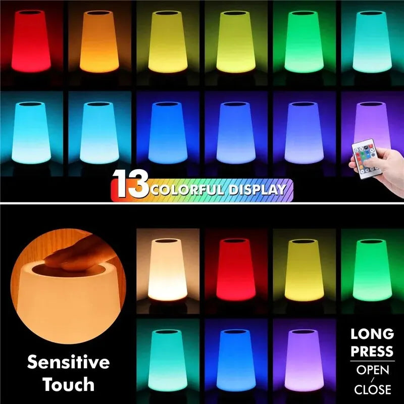 13-Colour RGB Night Light – Touch & Remote Control USB Rechargeable Bedside Lamp