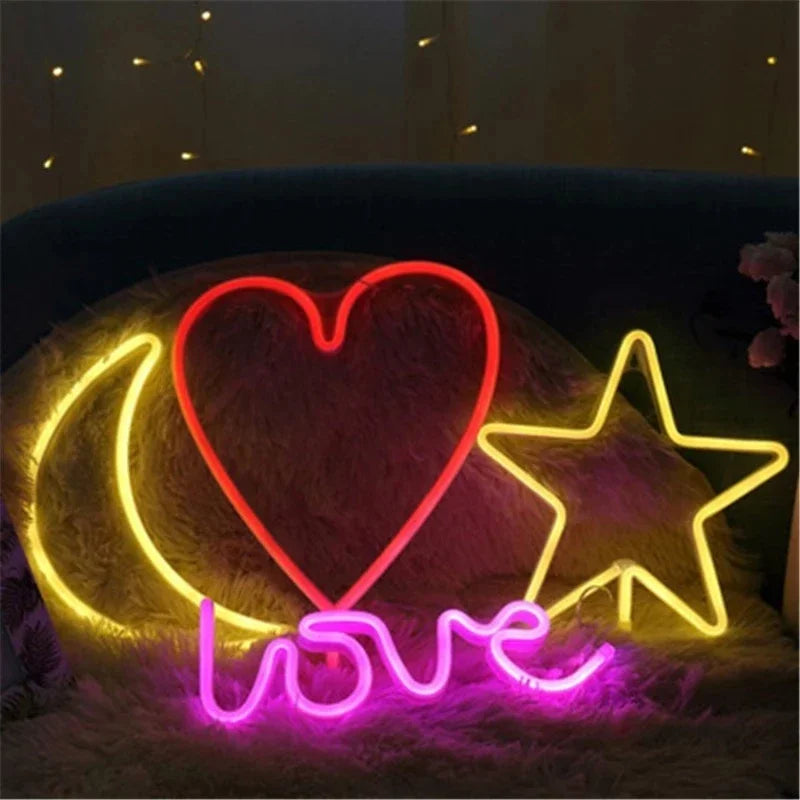 Christmas LED Neon Light Moon, Star, Heart, USB/Battery-Powered Night Light for Holiday, Party Decor