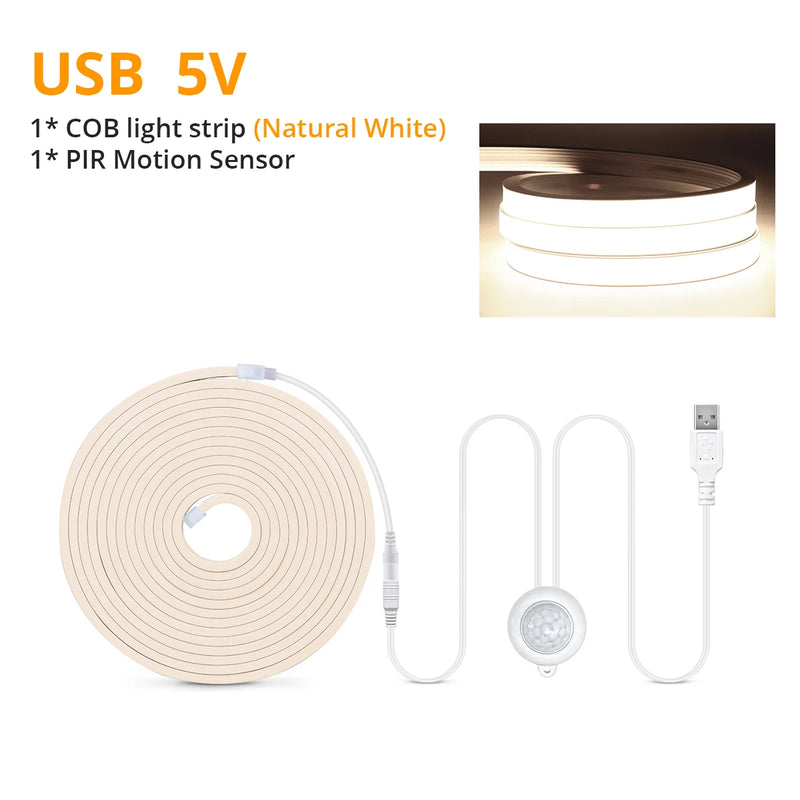 Smart PIR Motion Sensor COB LED Strip Light – Waterproof Neon Light with Auto ON/OFF for Home Décor