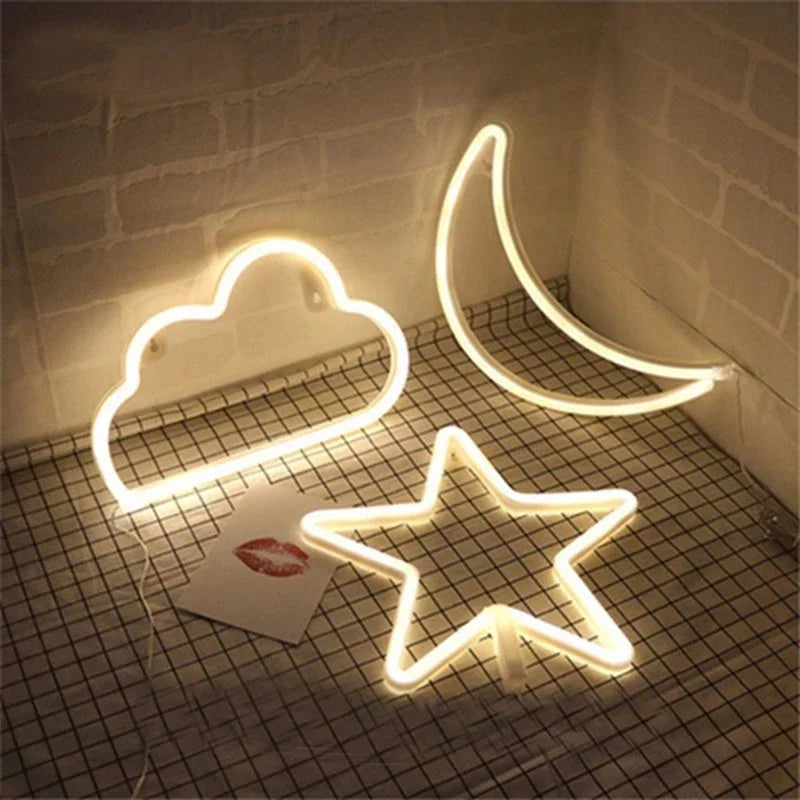 Christmas LED Neon Light Moon, Star, Heart, USB/Battery-Powered Night Light for Holiday, Party Decor