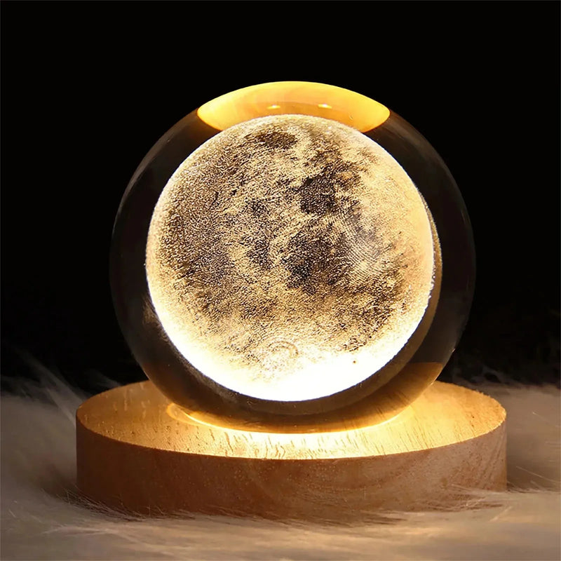 3D Crystal Ball Night Light - Galaxy & Planetary Projections USB Lamp with Wooden Base