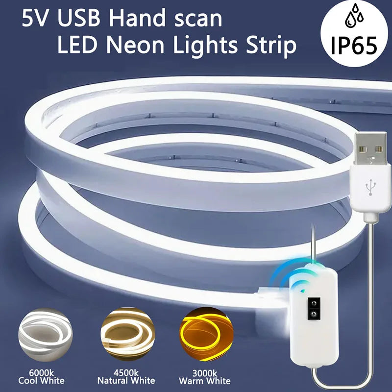 LED Neon Light Strip with Motion Sensor & Hand Scan Dimmer – USB Powered, Waterproof, Flexible Design