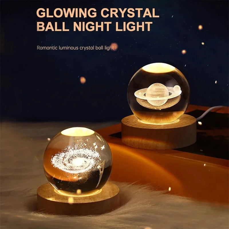 3D Crystal Ball Night Light - Galaxy & Planetary Projections USB Lamp with Wooden Base