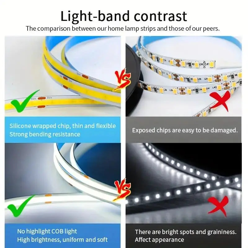 Flexible LED COB Light Strip with Touch Dimmer – USB 5V, High Brightness, Indoor DIY Lighting Decor