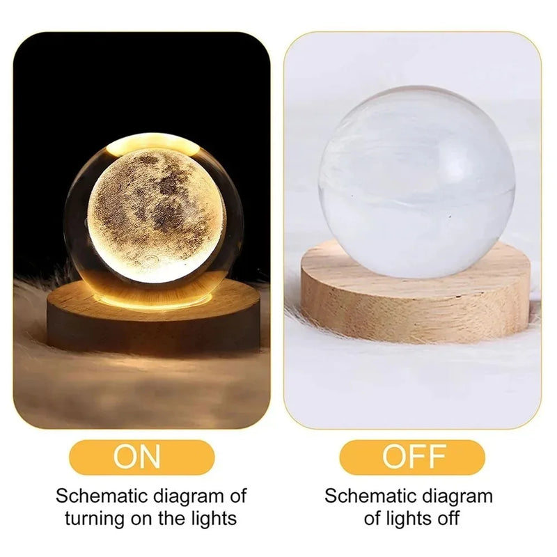 3D Crystal Ball Night Light - Galaxy & Planetary Projections USB Lamp with Wooden Base